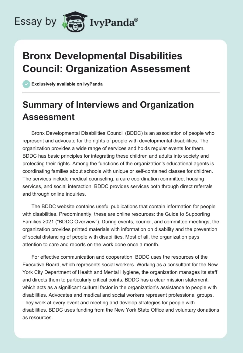 Bronx Developmental Disabilities Council: Organization Assessment. Page 1