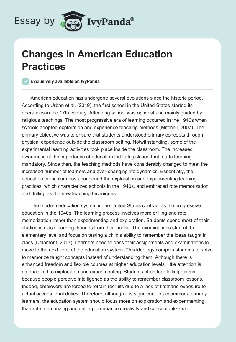 Changes in American Education Practices. Page 1