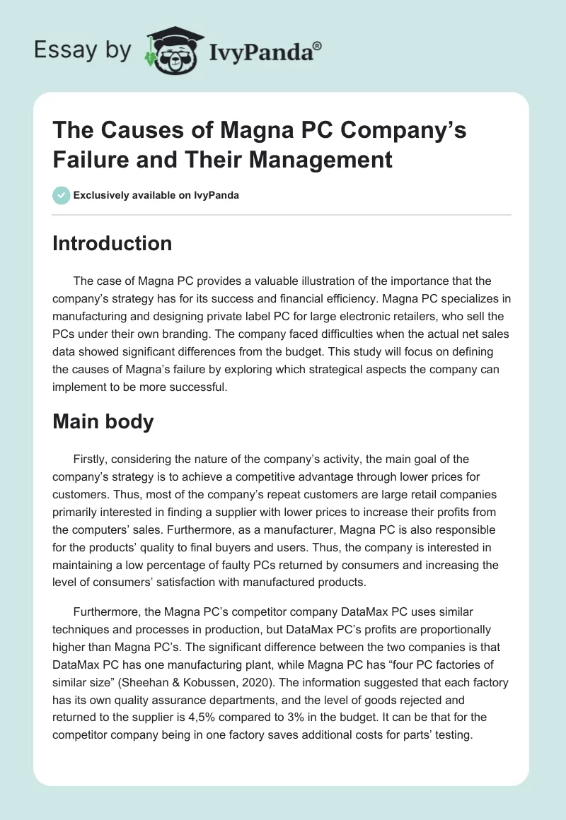 The Causes of Magna PC Company’s Failure and Their Management. Page 1