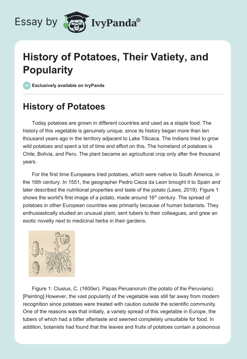 History of Potatoes, Their Vatiety, and Popularity. Page 1