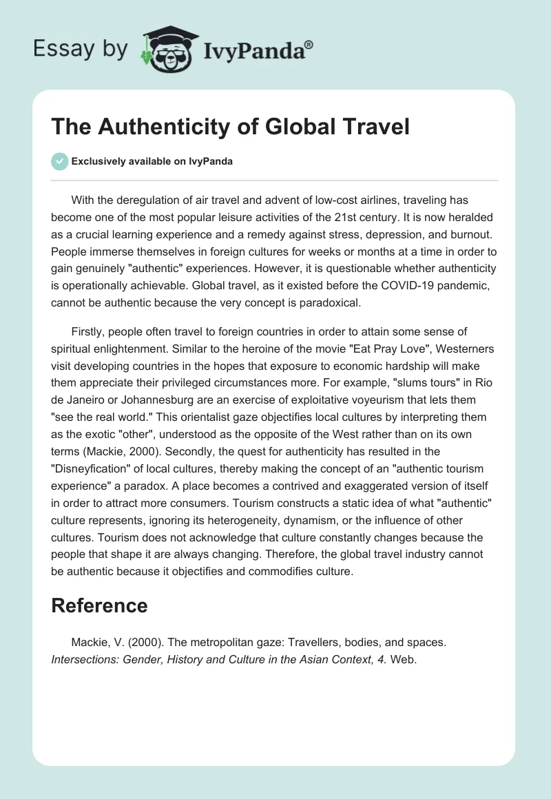 The Authenticity of Global Travel. Page 1