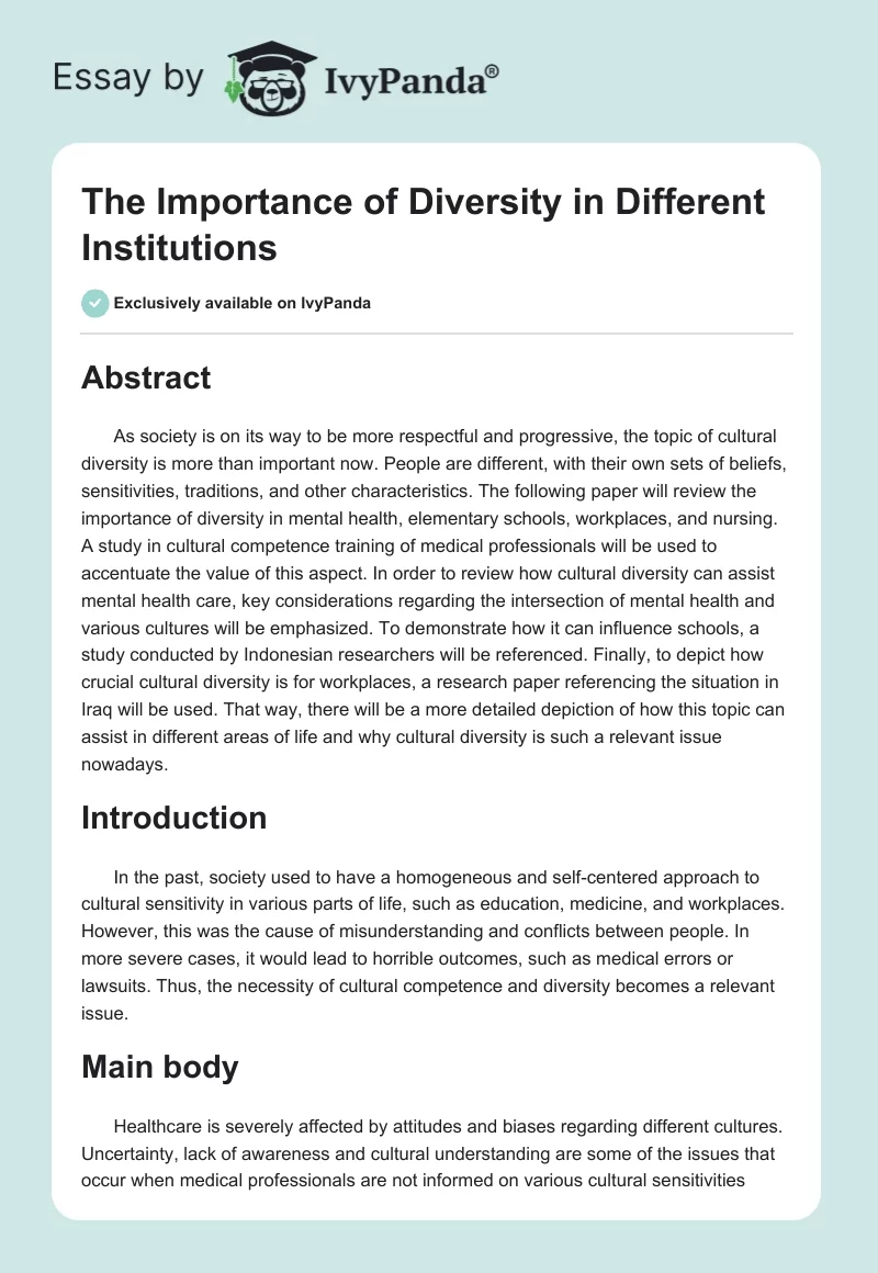 The Importance of Diversity in Different Institutions. Page 1