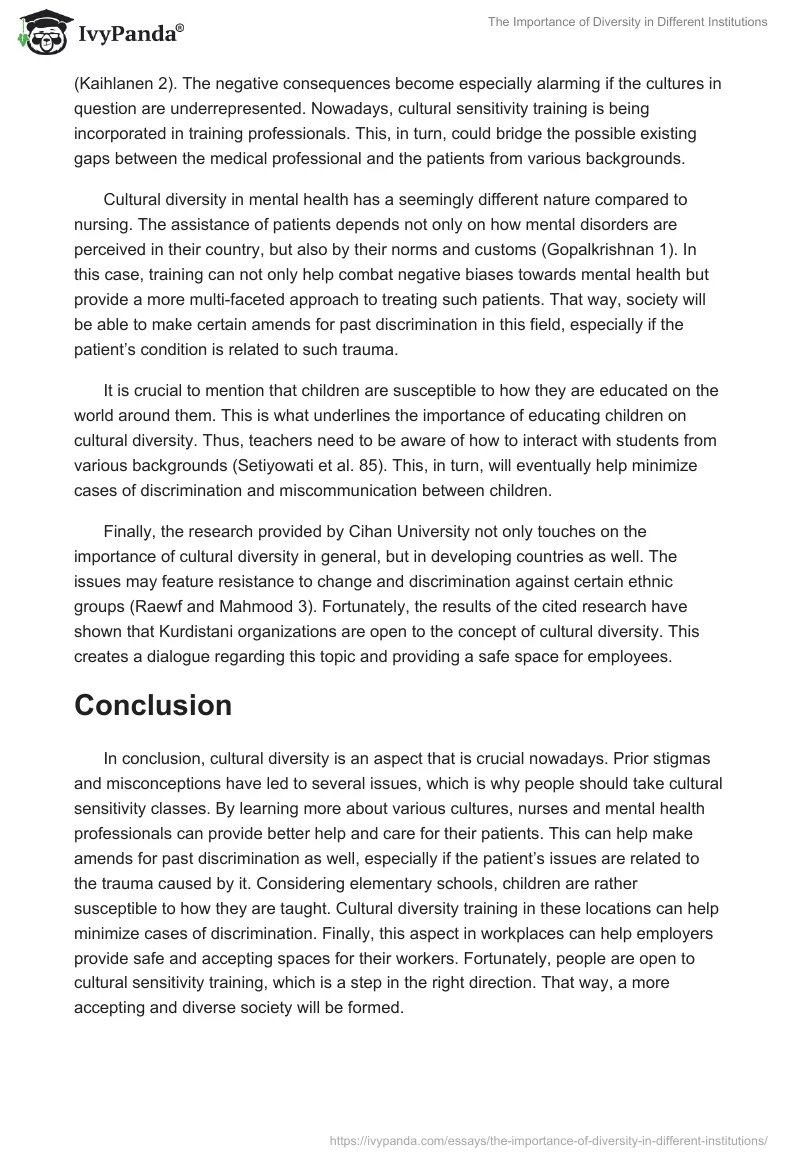 The Importance of Diversity in Different Institutions. Page 2