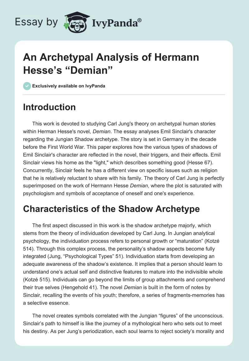 An Archetypal Analysis of Hermann Hesse’s “Demian”. Page 1