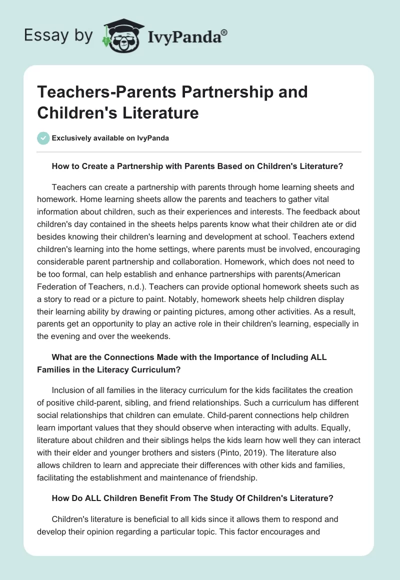 Teachers-Parents Partnership and Children's Literature. Page 1