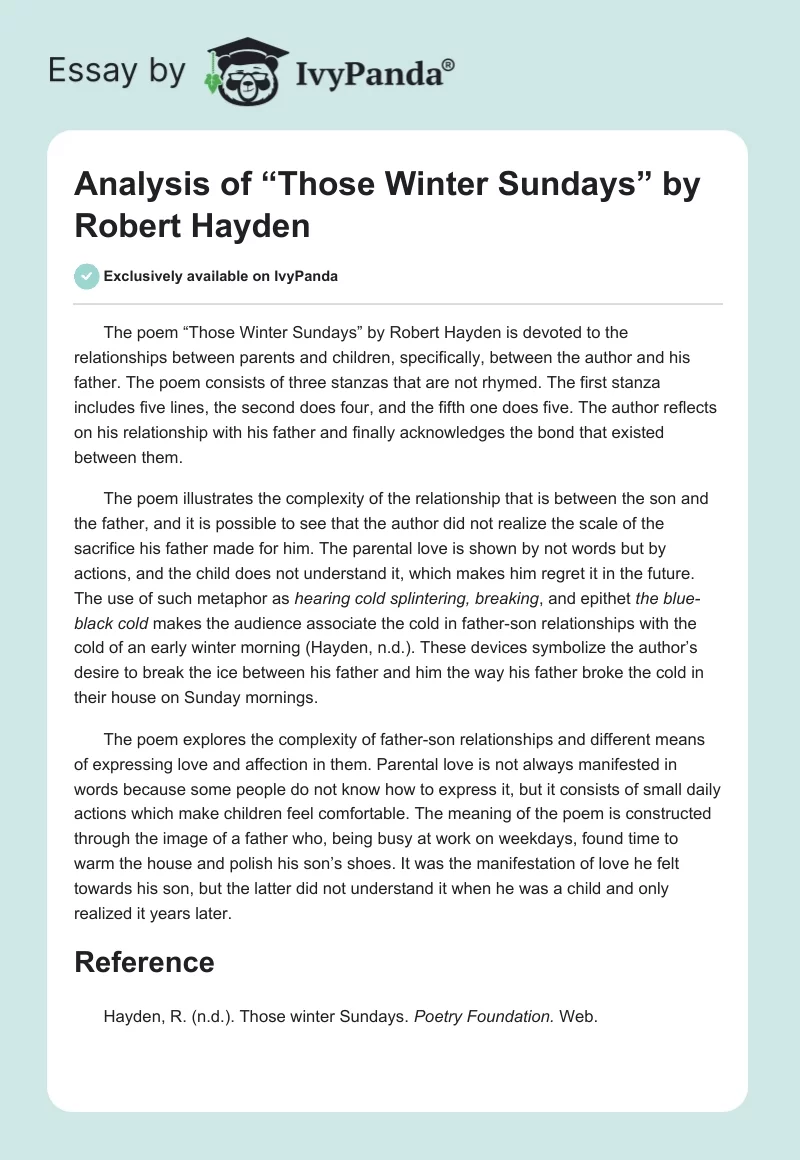 Analysis of “Those Winter Sundays” by Robert Hayden. Page 1