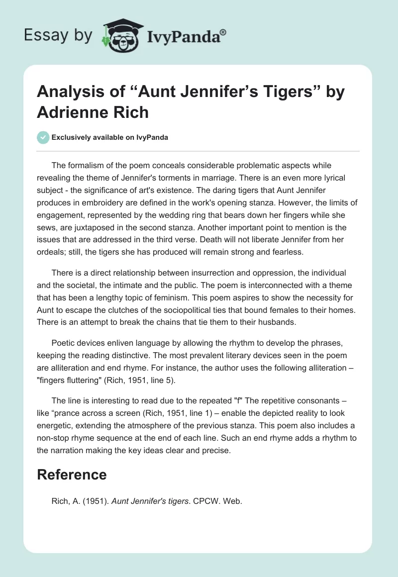 Analysis of “Aunt Jennifer’s Tigers” by Adrienne Rich. Page 1