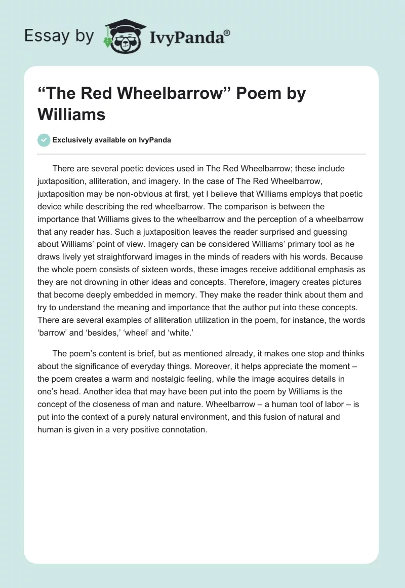 “The Red Wheelbarrow” Poem by Williams. Page 1