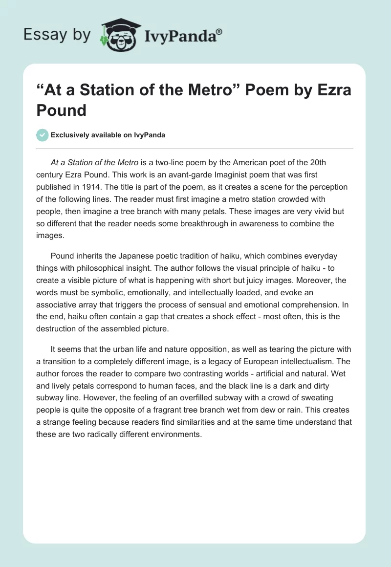 “At a Station of the Metro” Poem by Ezra Pound. Page 1