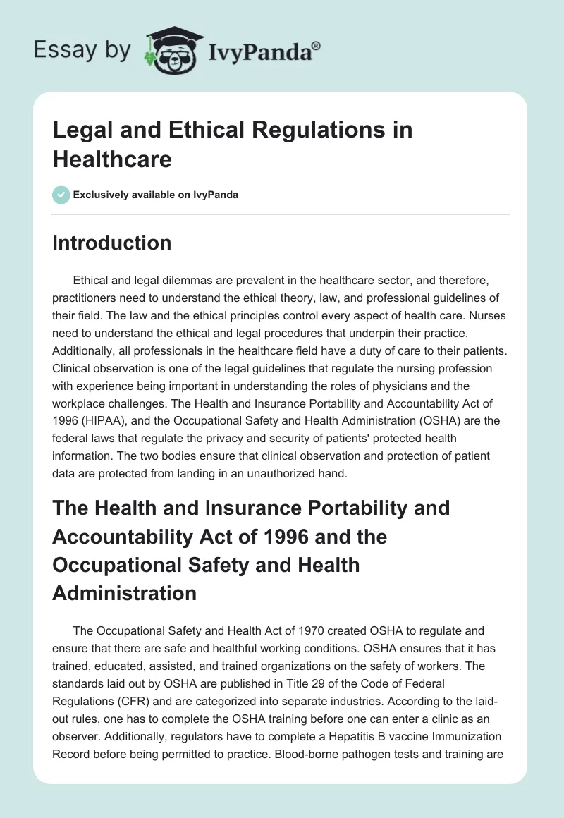Legal and Ethical Regulations in Healthcare. Page 1