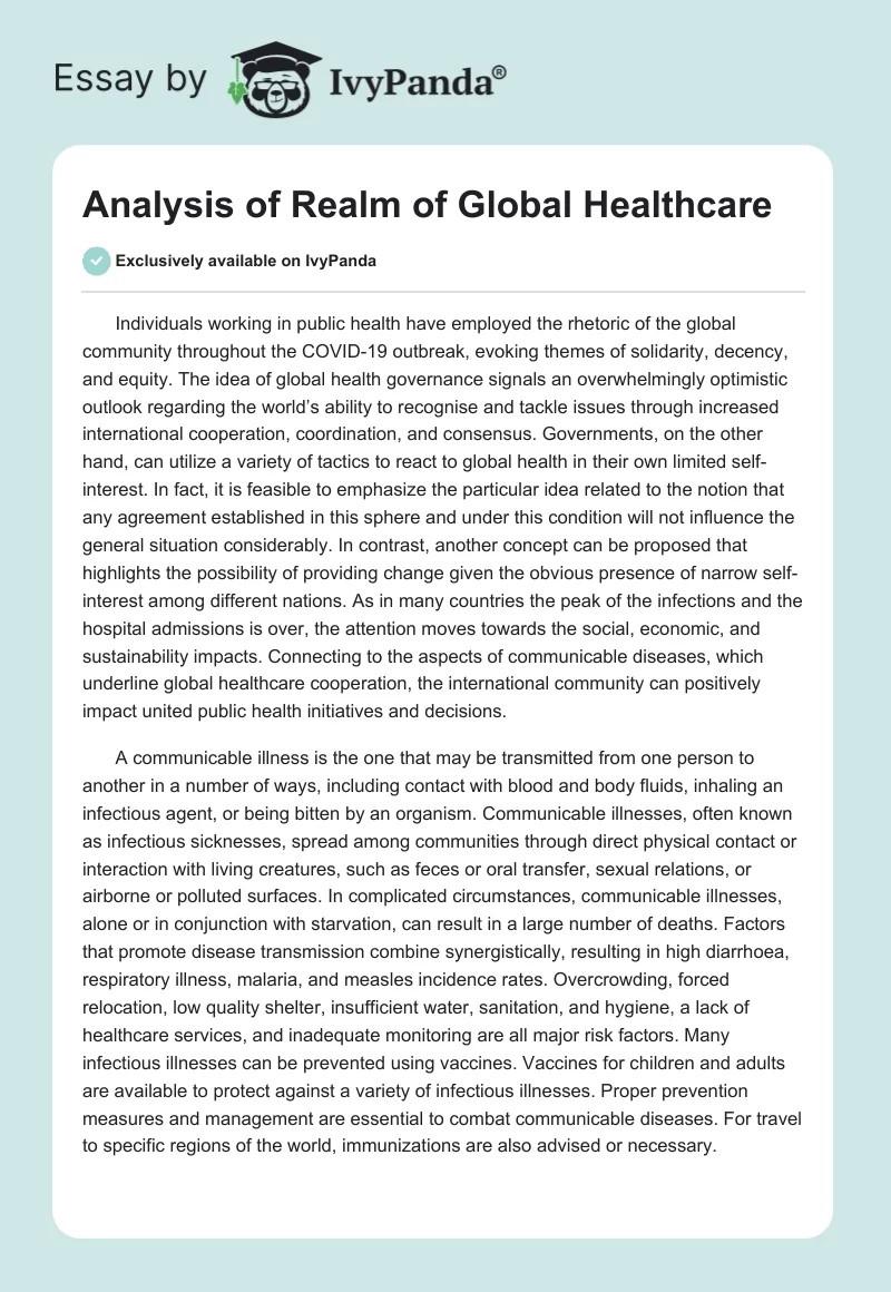 Analysis of Realm of Global Healthcare. Page 1
