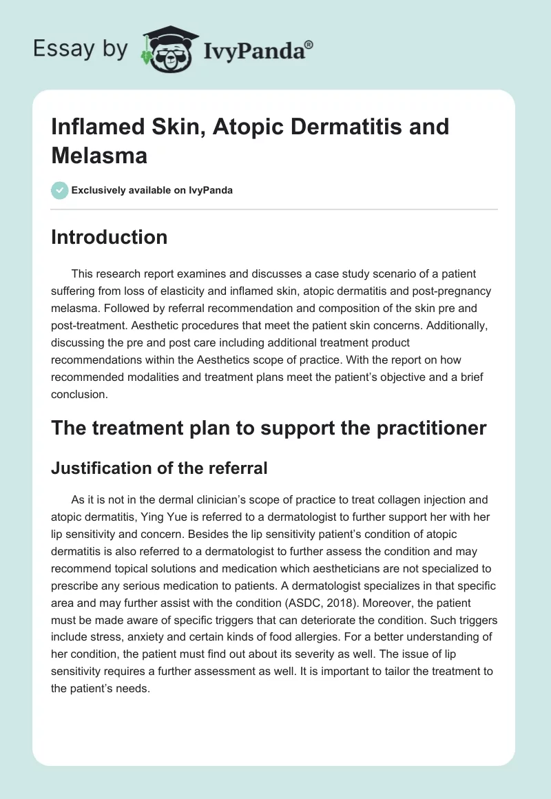 Inflamed Skin, Atopic Dermatitis and Melasma. Page 1