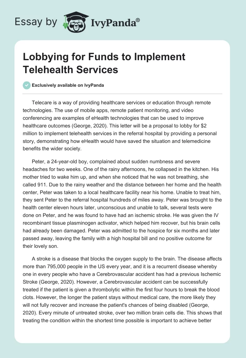 Lobbying for Funds to Implement Telehealth Services. Page 1