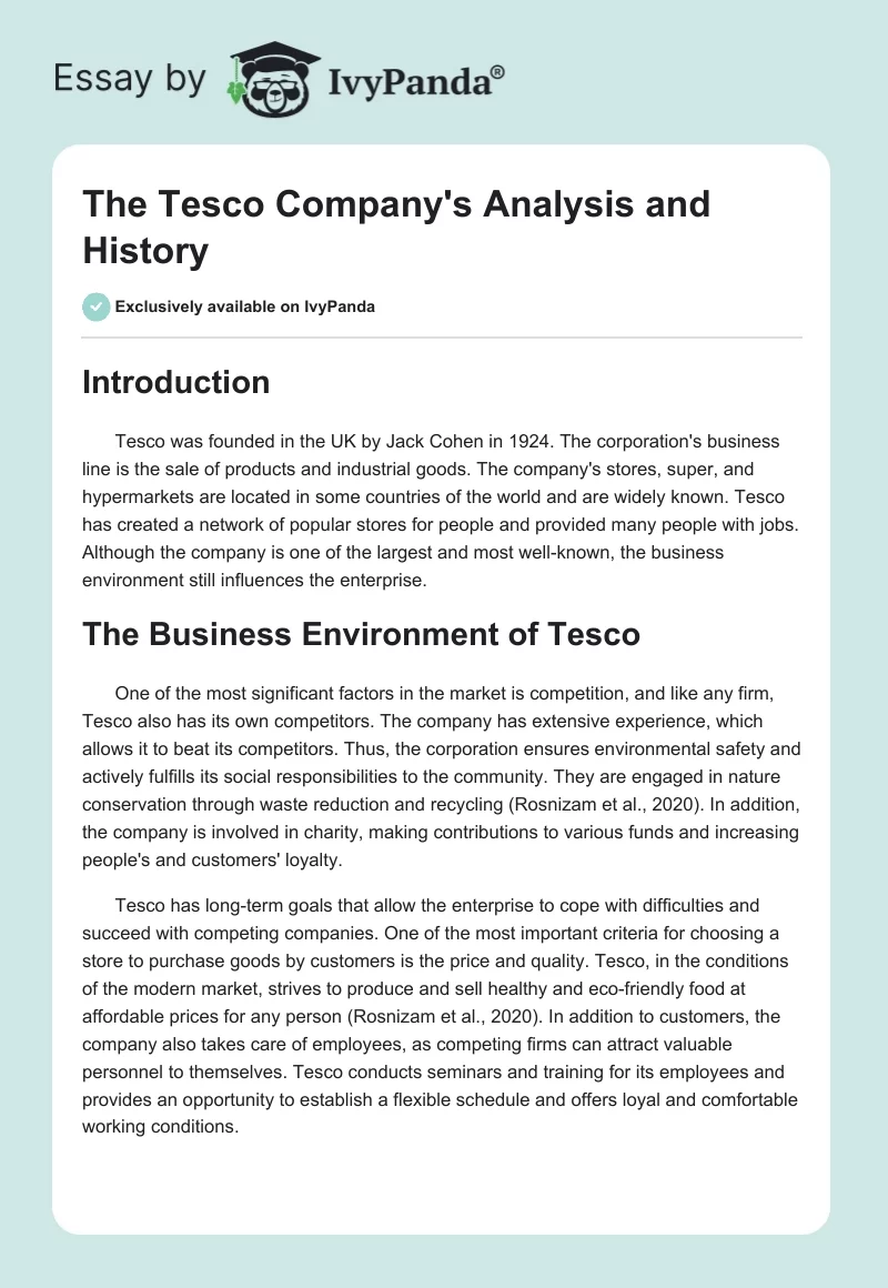 The Tesco Company's Analysis and History. Page 1