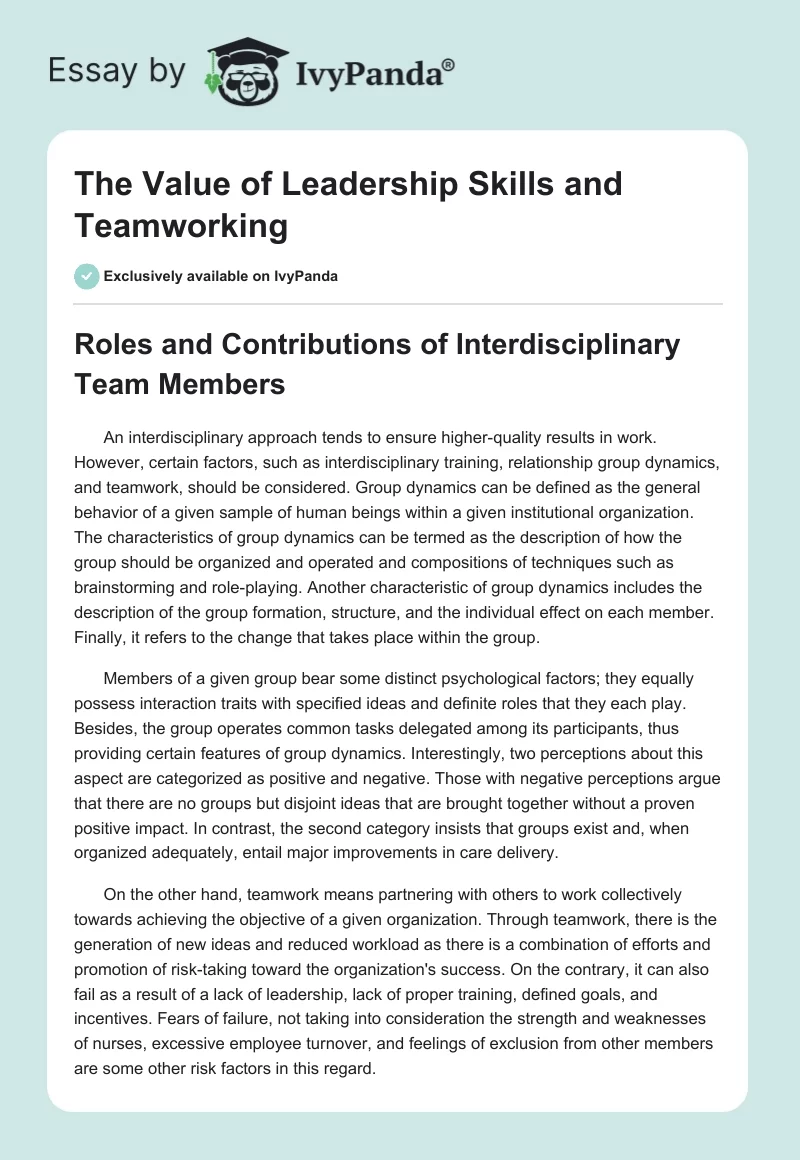 The Value of Leadership Skills and Teamworking. Page 1