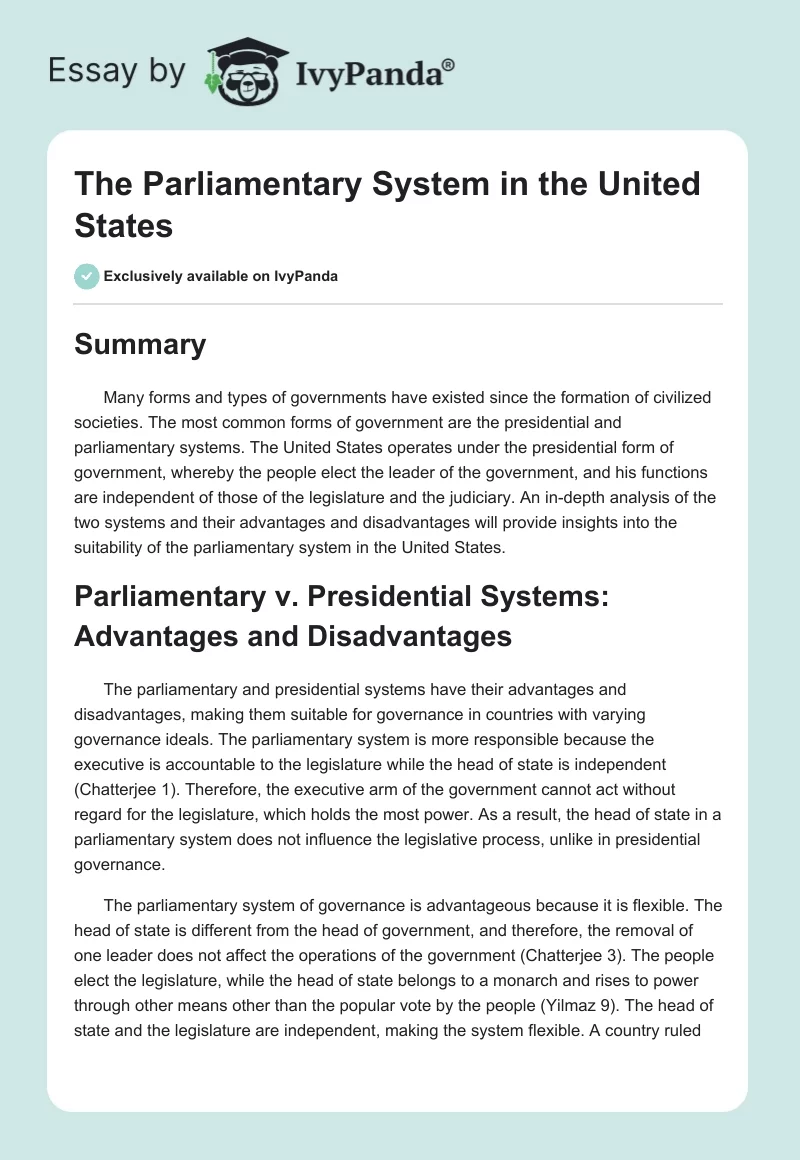 The Parliamentary System in the United States. Page 1