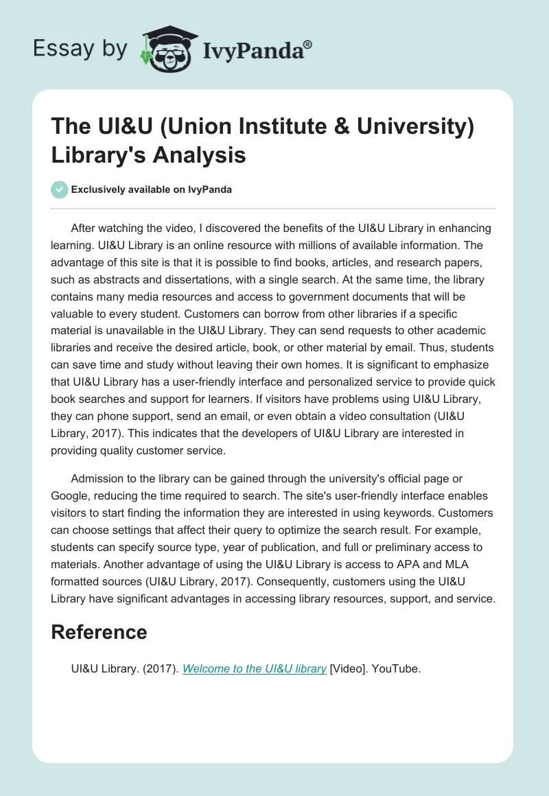 The UI&U (Union Institute & University) Library's Analysis. Page 1