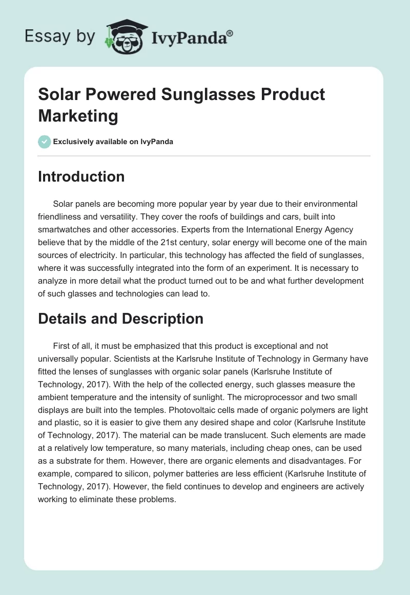 Solar Powered Sunglasses Product Marketing. Page 1