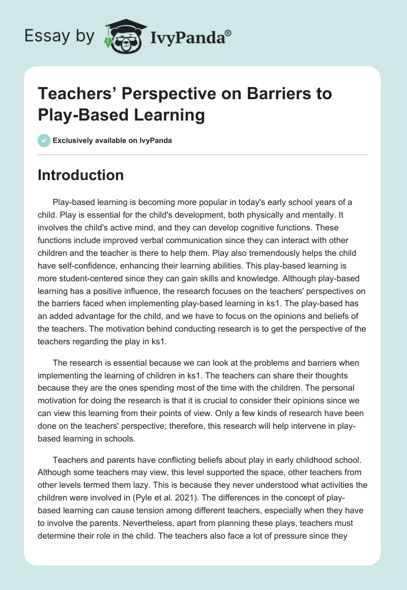 Teachers’ Perspective on Barriers to Play-Based Learning. Page 1