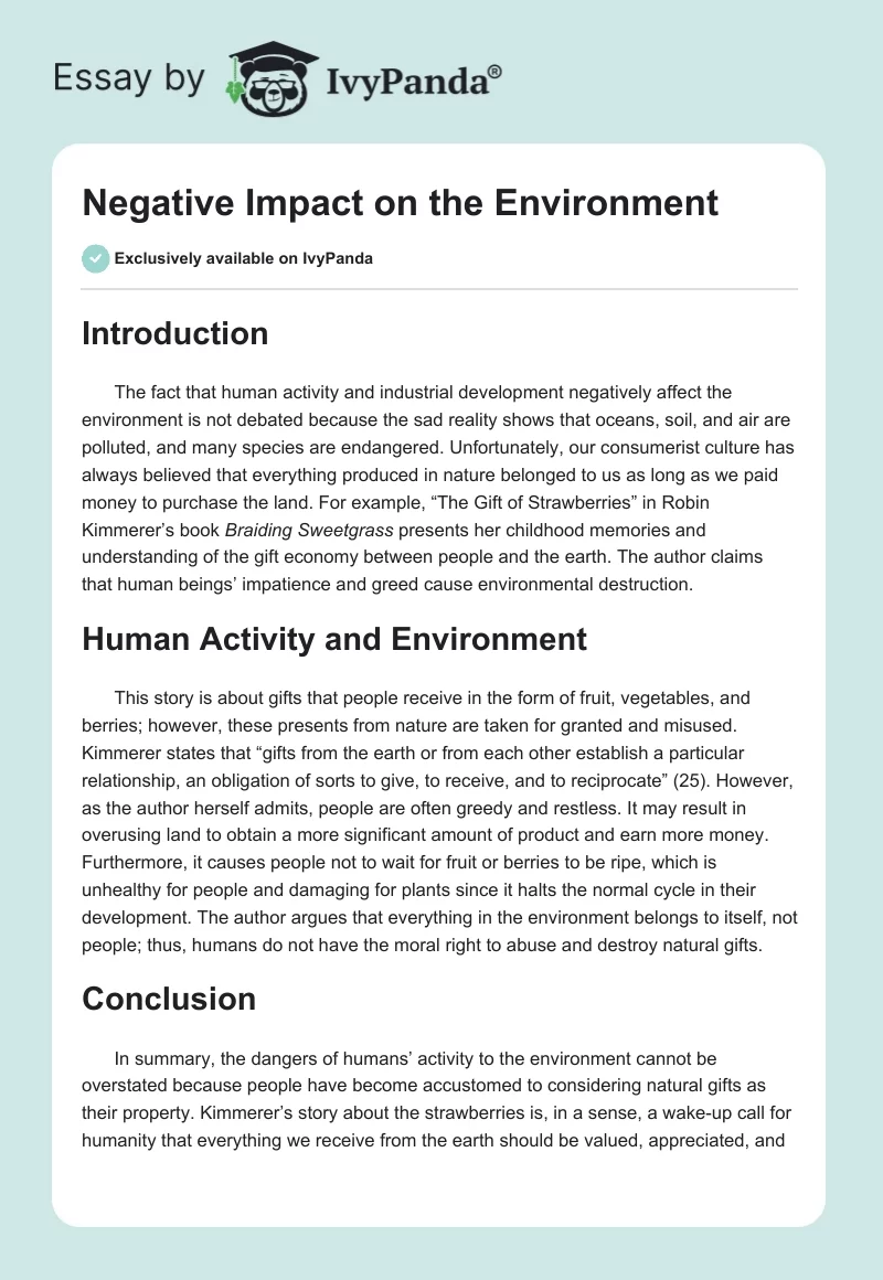 Negative Impact on the Environment. Page 1
