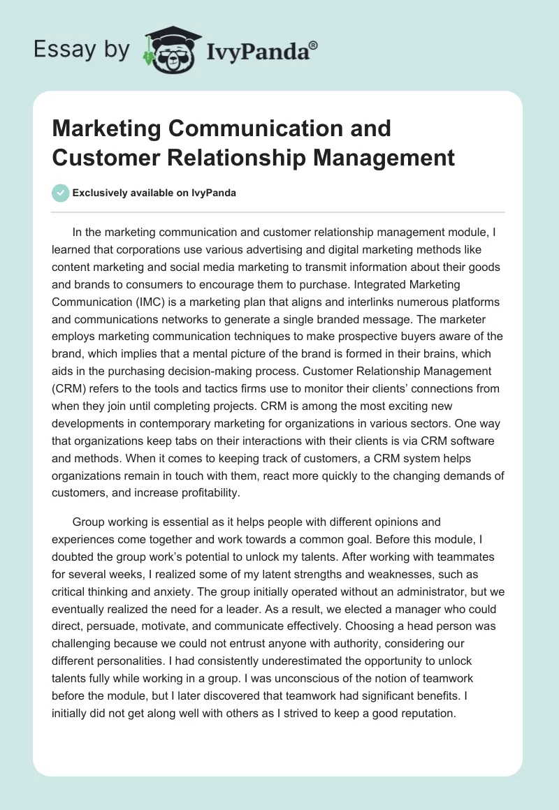 Marketing Communication and Customer Relationship Management. Page 1