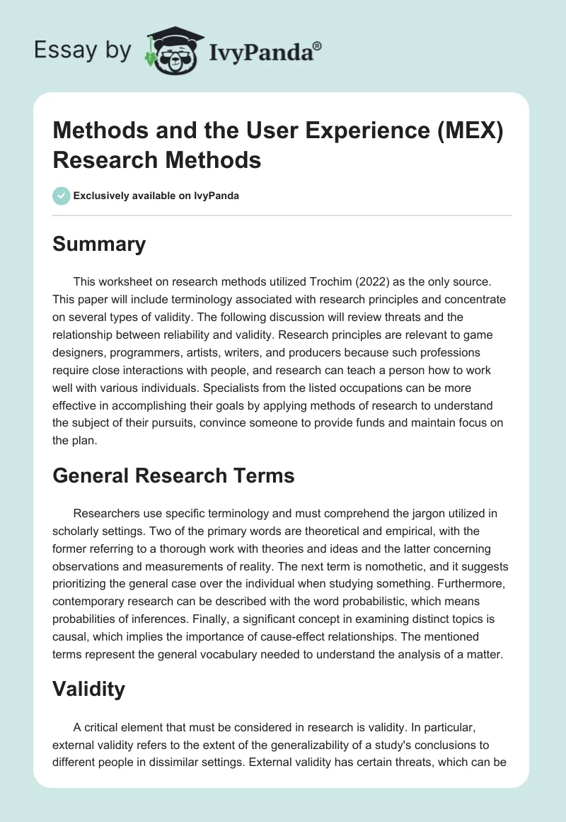Methods and the User Experience (MEX) Research Methods. Page 1
