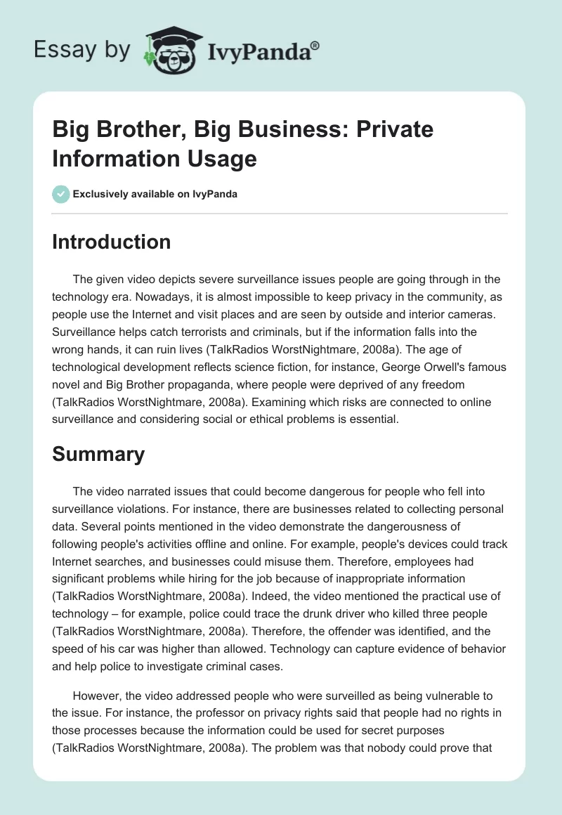 Big Brother, Big Business: Private Information Usage. Page 1