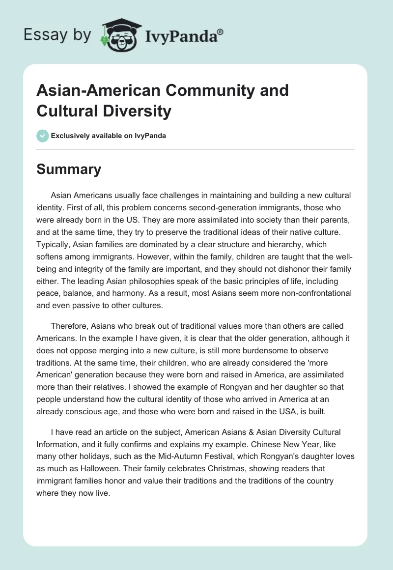 Asian-American Community and Cultural Diversity. Page 1
