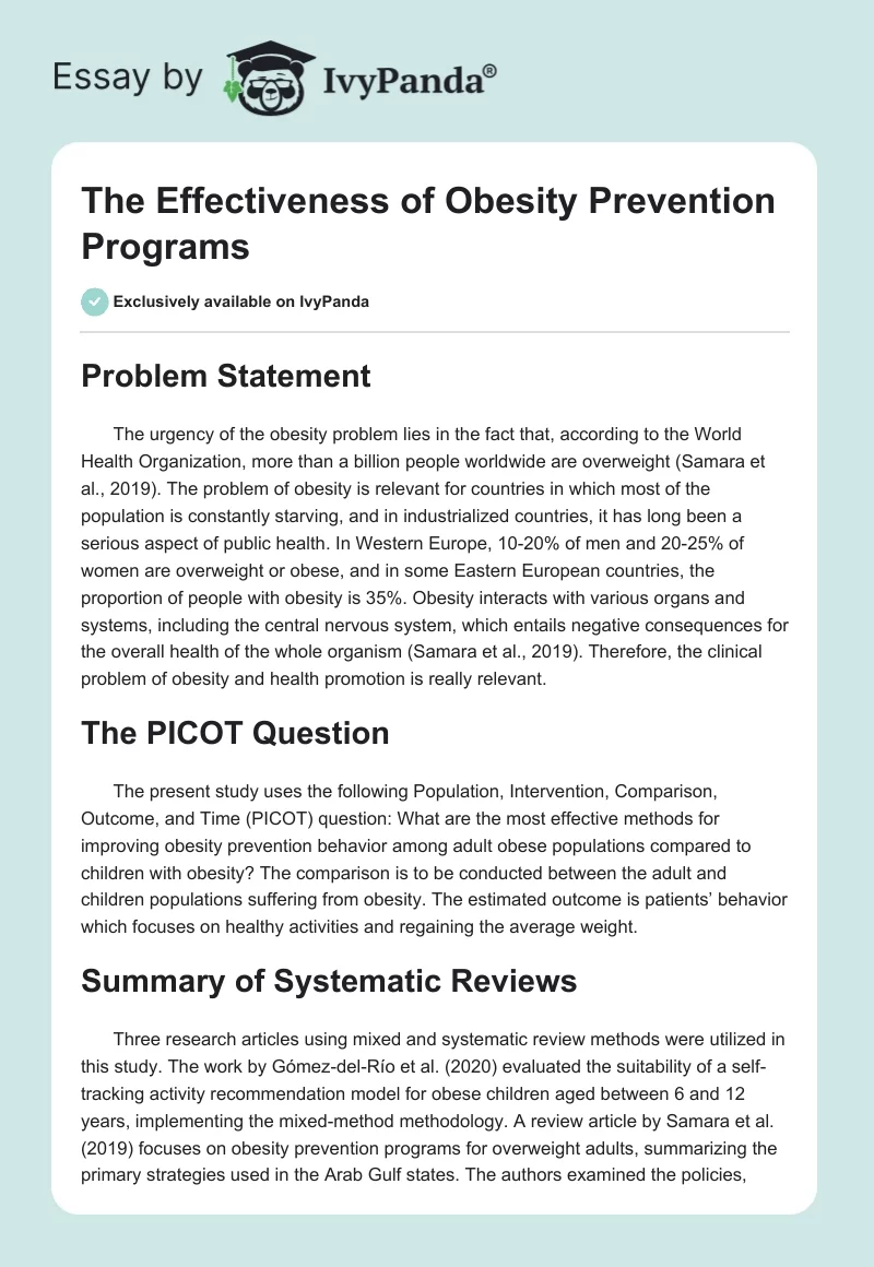 The Effectiveness of Obesity Prevention Programs. Page 1