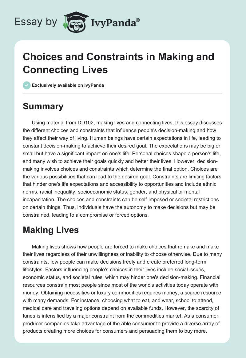Choices and Constraints in Making and Connecting Lives. Page 1
