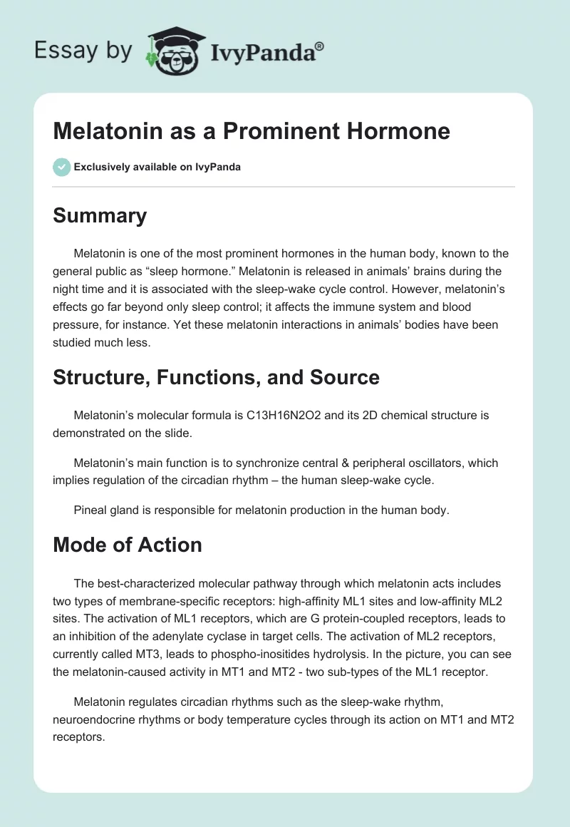Melatonin as a Prominent Hormone. Page 1