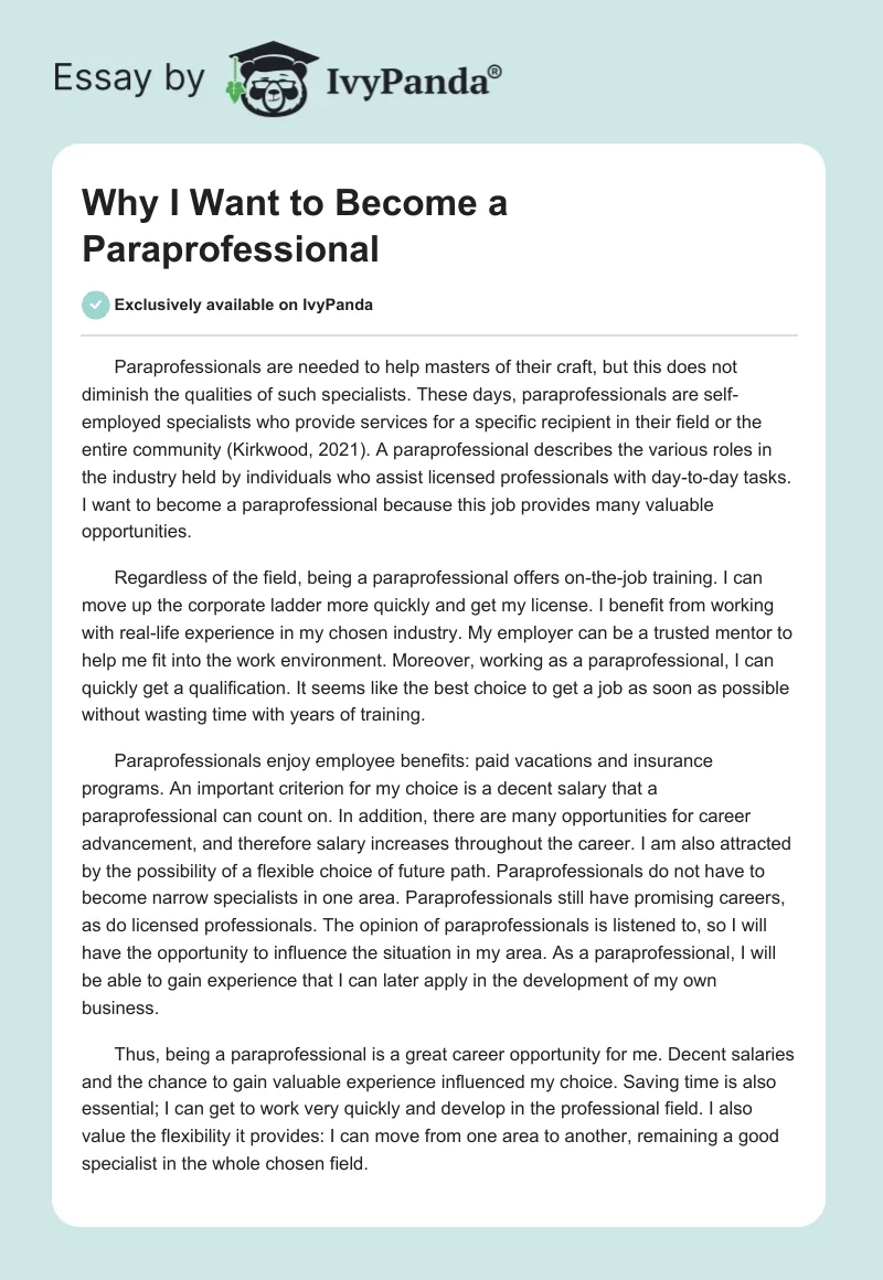 Why I Want to Become a Paraprofessional. Page 1