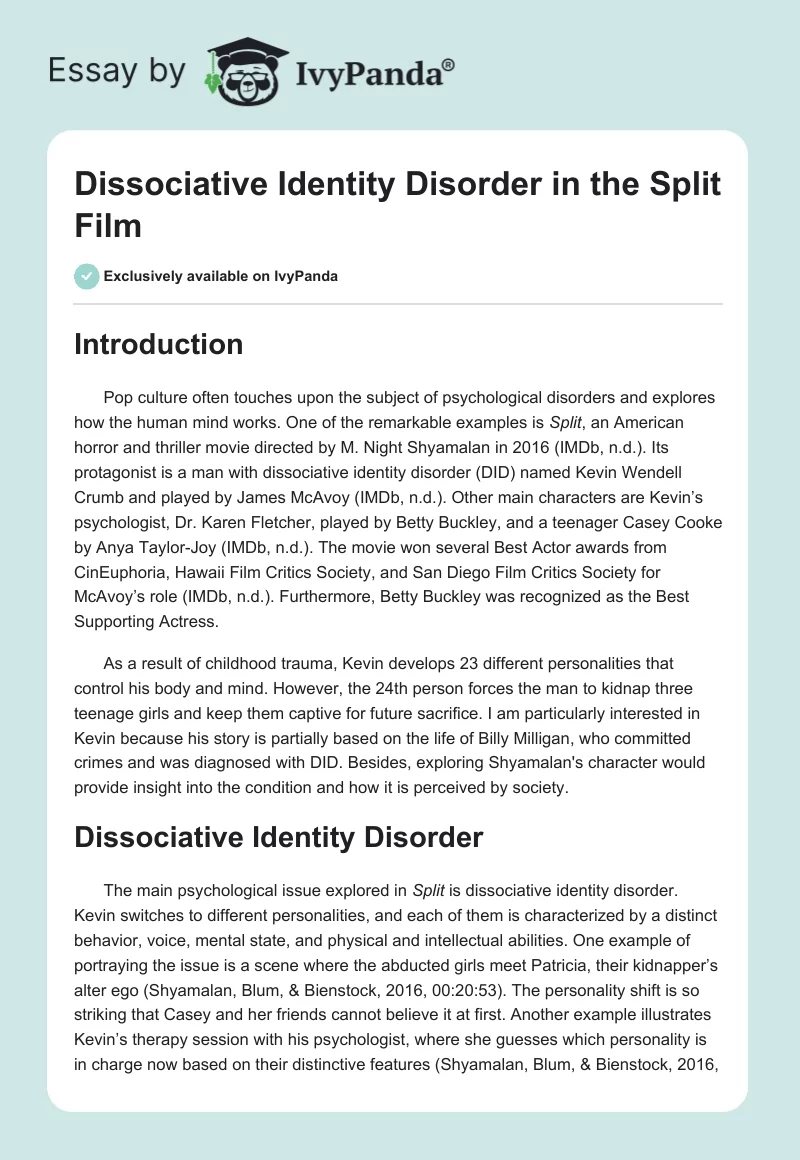 Dissociative Identity Disorder in the Split Film. Page 1