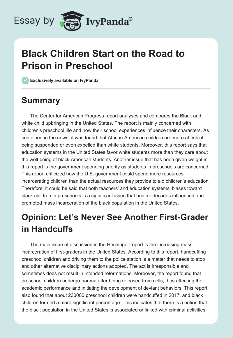 Black Children Start on the Road to Prison in Preschool. Page 1