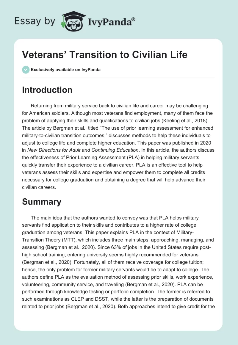 Veterans’ Transition to Civilian Life. Page 1
