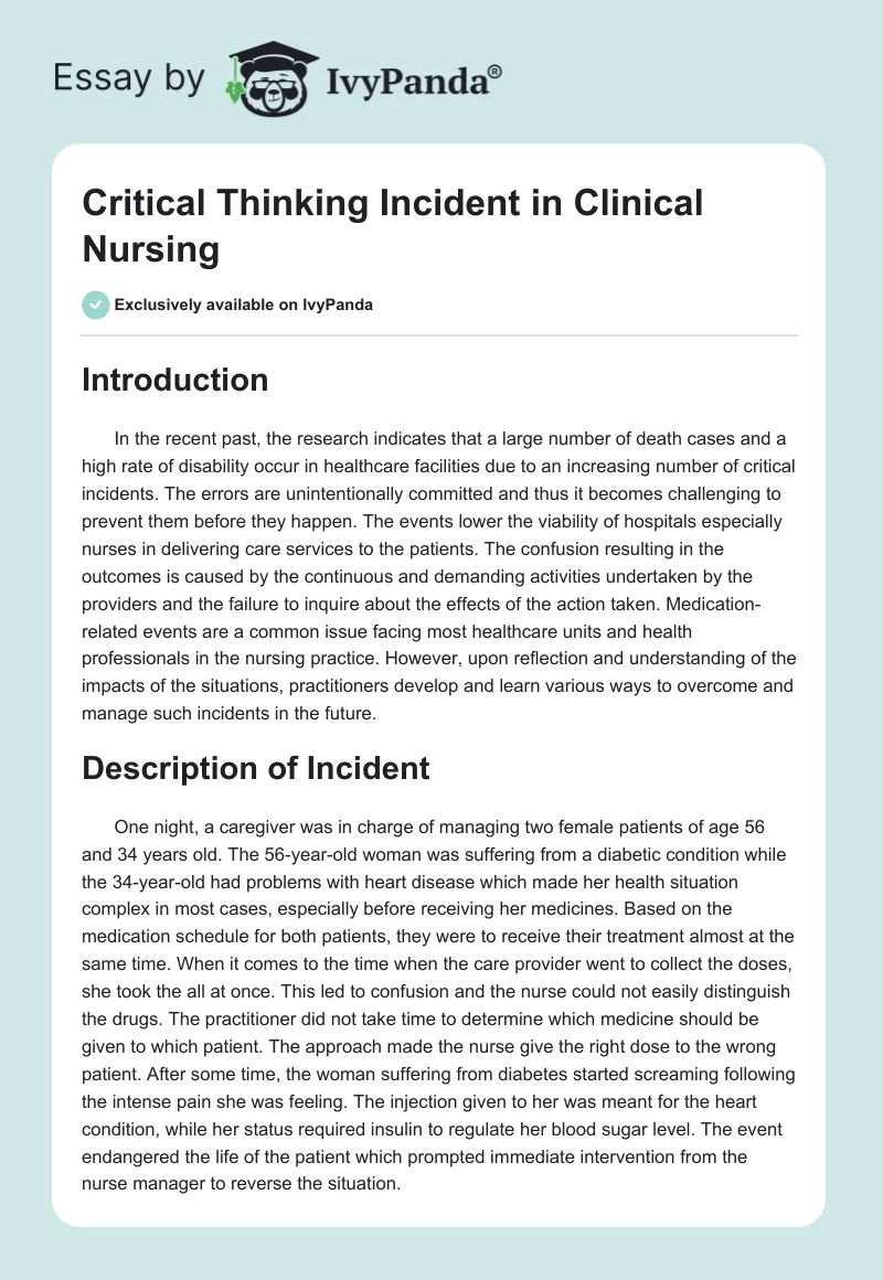 Critical Thinking Incident in Clinical Nursing. Page 1