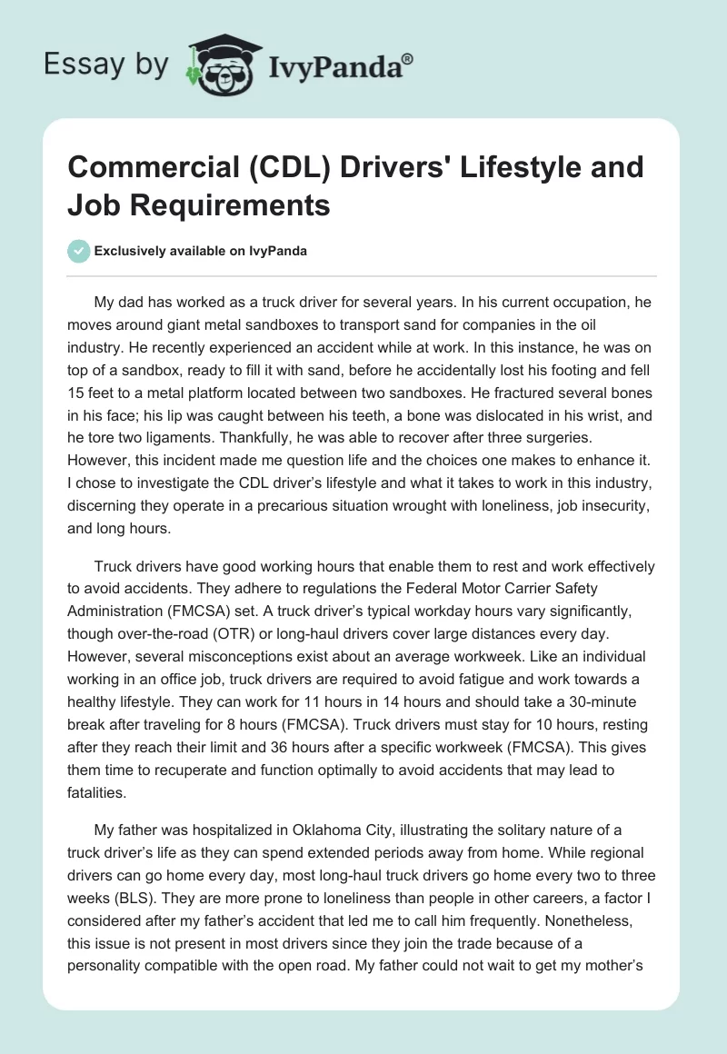 Commercial (CDL) Drivers' Lifestyle and Job Requirements. Page 1