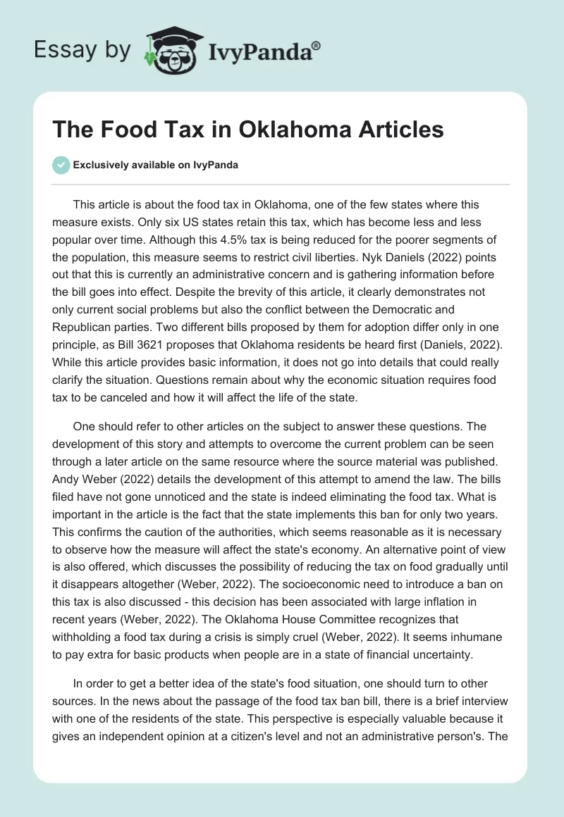 The Food Tax in Oklahoma Articles. Page 1