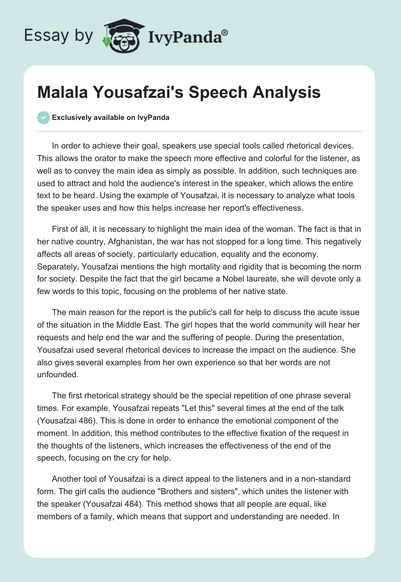 Malala Yousafzai's Speech Analysis. Page 1