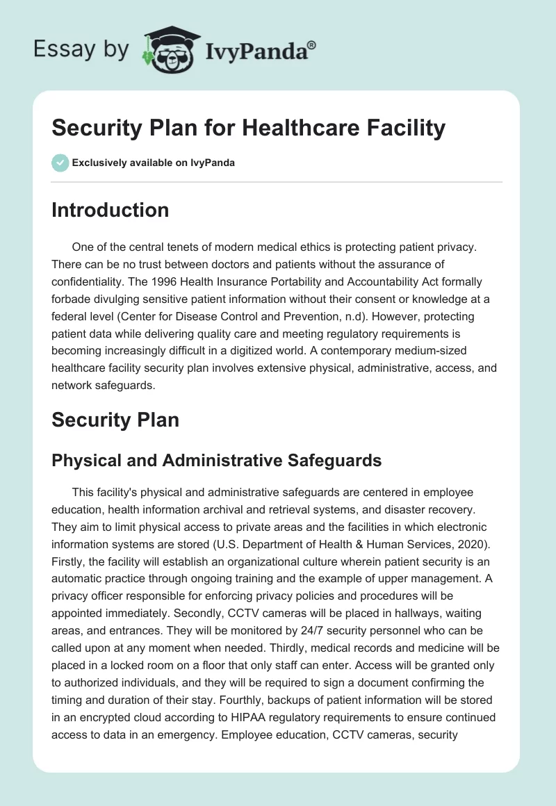 Security Plan for Healthcare Facility. Page 1