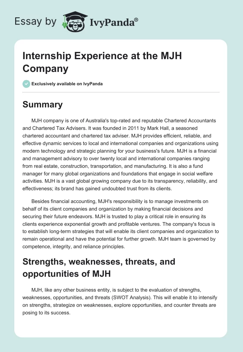 Internship Experience at the MJH Company. Page 1