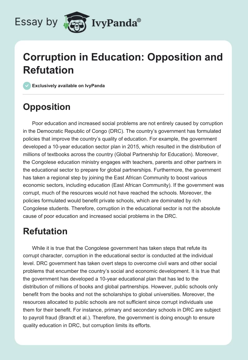 Corruption in Education: Opposition and Refutation. Page 1