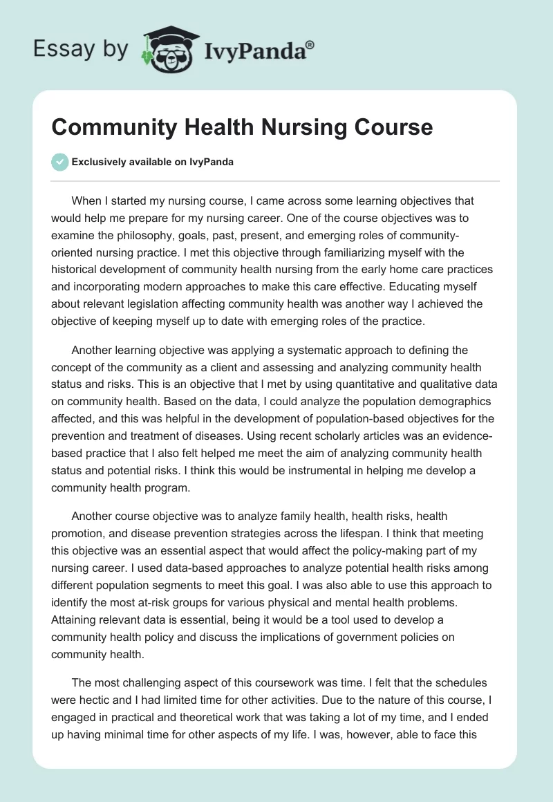 Community Health Nursing Course. Page 1