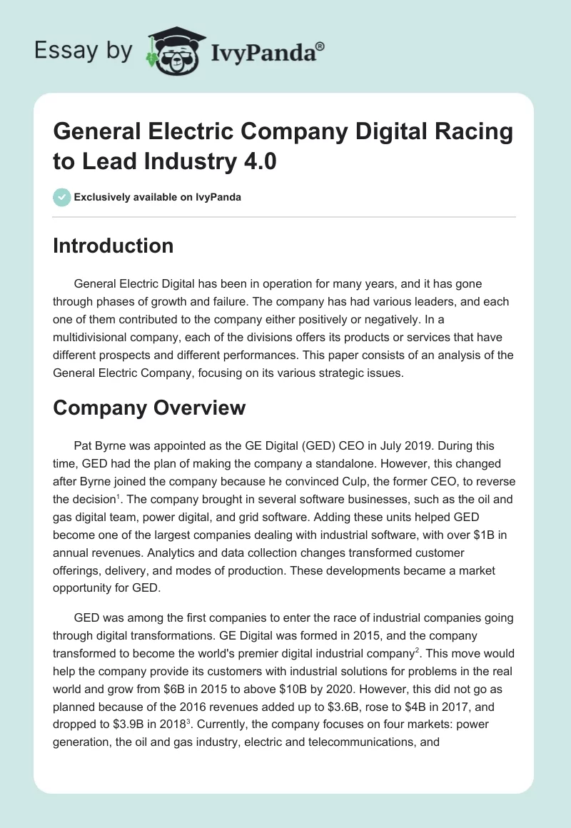 General Electric Company Digital Racing to Lead Industry 4.0. Page 1