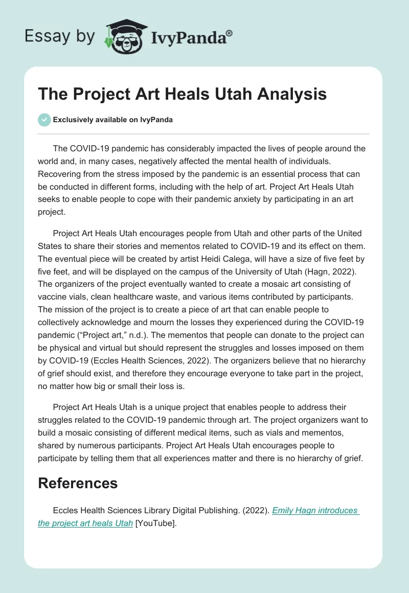 The Project Art Heals Utah Analysis. Page 1