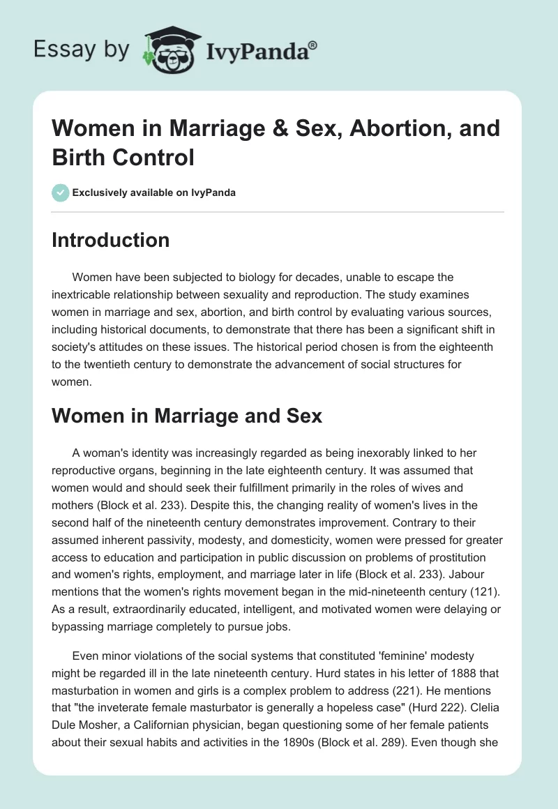 Women in Marriage & Sex, Abortion, and Birth Control. Page 1