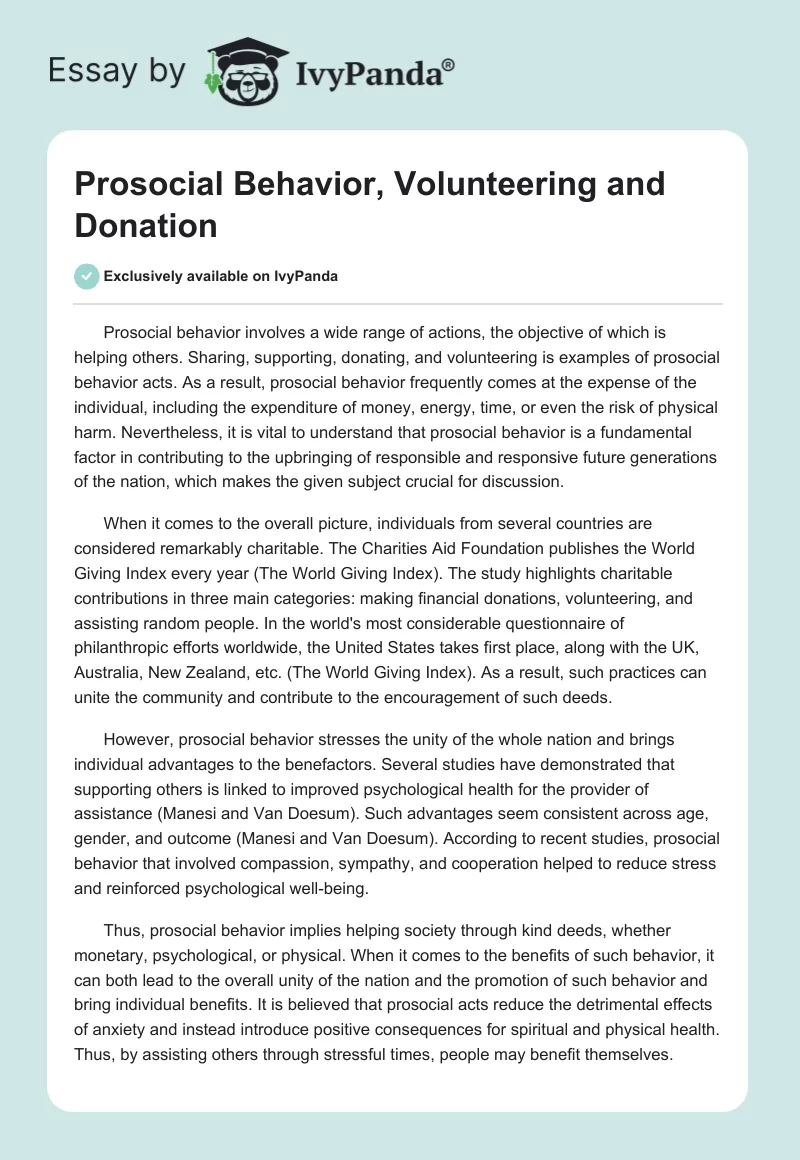 Prosocial Behavior, Volunteering, and Donation. Page 1
