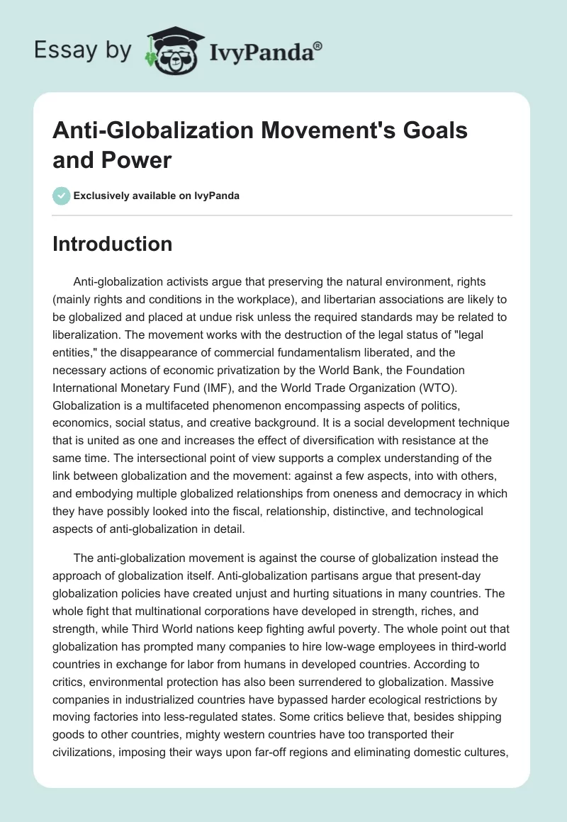Anti-Globalization Movement's Goals and Power. Page 1