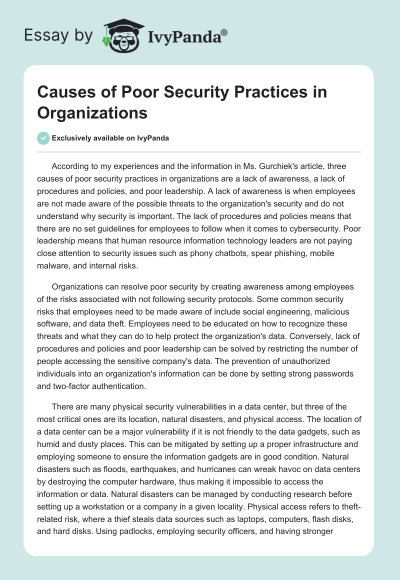 Causes of Poor Security Practices in Organizations. Page 1