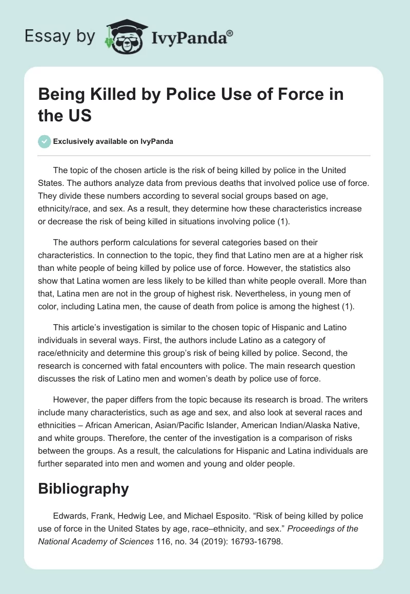 Being Killed by Police Use of Force in the US. Page 1